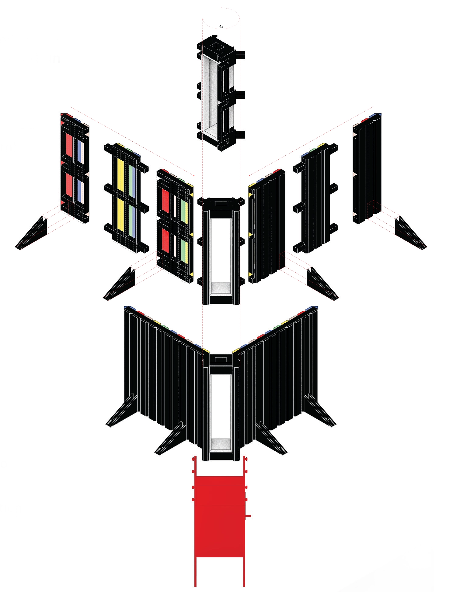 Exploded axonometric drawing of The Slit installation